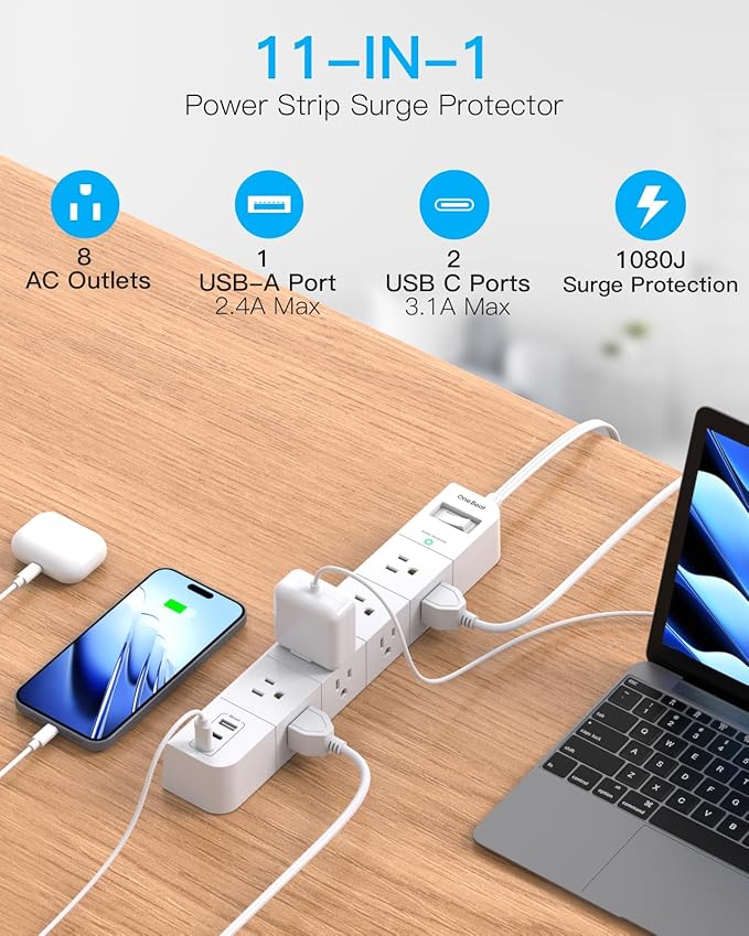 One Beat Extension Cord 15 ft,Surge Protector Power Strip with 8 Widely AC Outlets 3 USB(2 USBC),Flat Plug Power Strip,Desktop Charging Station with Overload Protection for Home,Office,Dorm,ETL Listed
