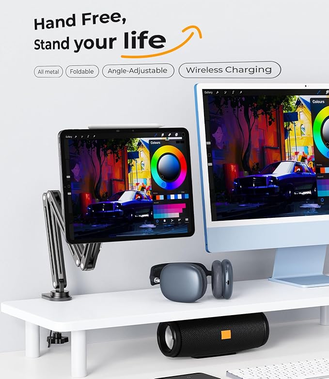 Magnetic Wireless Charging Stand for iPad Pro 11" M4 (2024), Foldable Adjustable Arm Mount with 2M Cable, Aluminum Alloy Tablet Holder for Desk