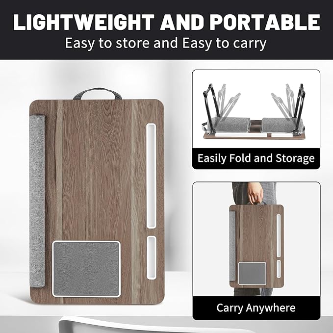 Lap Desk Bed Desk,17In Foldable Laptop Bed Tray Table with Mouse Pad,Wrist Rest and Adjustable Dual Cushion, Portable Wood Laptop Stand for Bed Sofa,Multifunctional Slot for Tablet & Phone