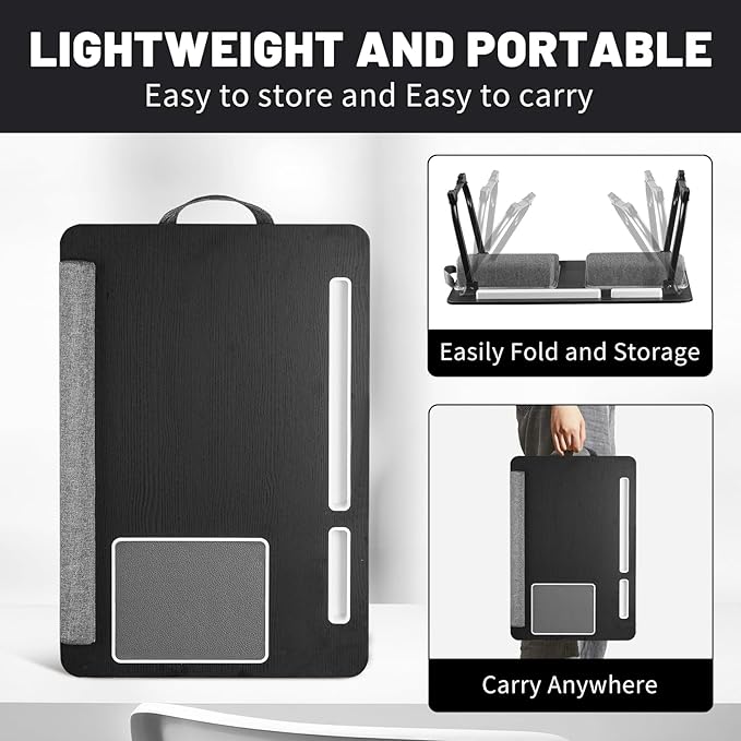 Lap Desk Bed Desk,17In Foldable Laptop Bed Tray Table with Mouse Pad,Wrist Rest and Adjustable Dual Cushion, Portable Wood Laptop Stand for Bed Sofa,Multifunctional Slot for Tablet & Phone