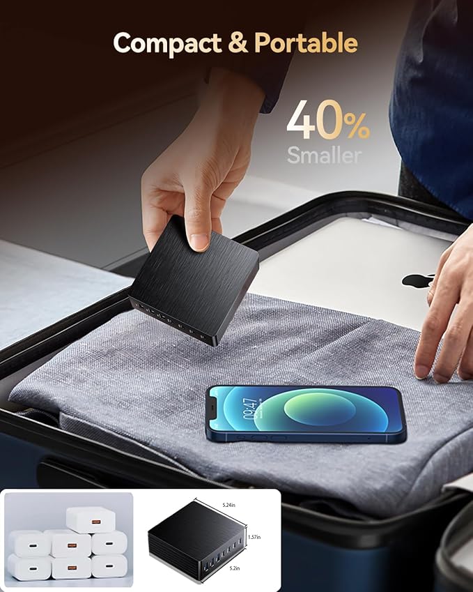 140W USB C Charger Block, GaN III 7 Port Fast Charging Station, PD 3.0 USB Wall Charger for Multiple Devices, Portable Power Strip Laptop Charging Hub Travel Adapter for iPad iPhone Samsung Android