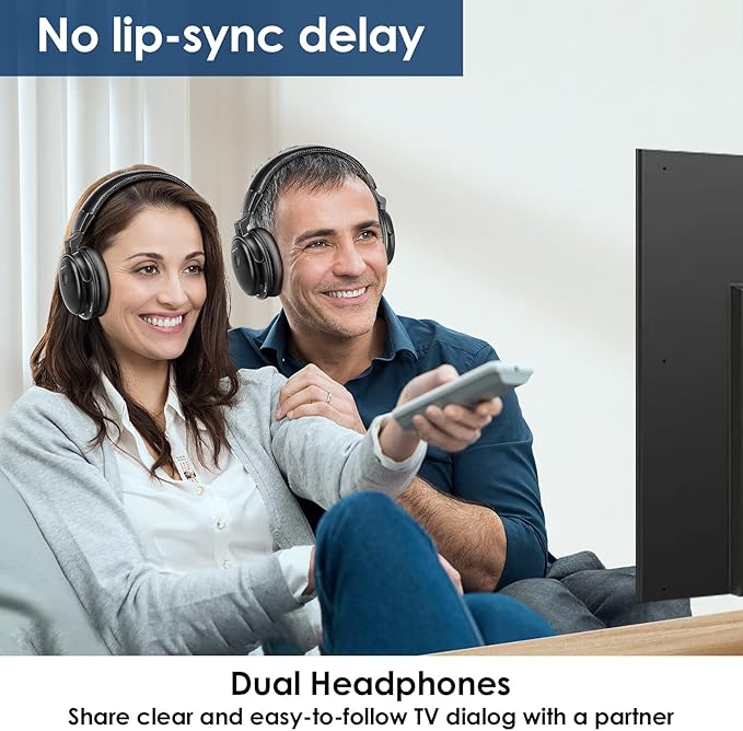 SIMOLIO Dual Wireless Headphones for TV Watching w/ 2.4G Transmitter & Charging Stand & Spare Battery, Dialog Clarifying, By-pass, Tone & Balance Control, Clear Voice for Seniors, 100FT Range, SM829D2