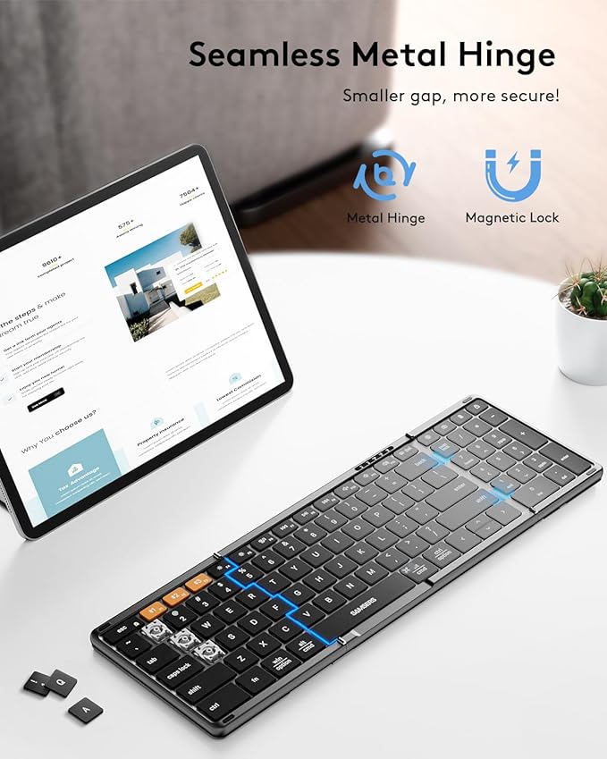 Samsers Foldable Bluetooth Keyboard with Numeric Keypad, Full-Size Wireless Folding PU Leather, Portable Travel for iOS Android Windows Mac OS, Support 3 Device(BT5.1 x 3)