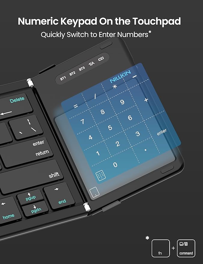Nillkin Foldable Travel Keyboard with Touchpad & Number Pad, Bluetooth Wireless Portable Folding Full Size Keyboard with Trackpad for PC Laptop iPad Tablets Smartphone, Silicone Leather Cover, Black