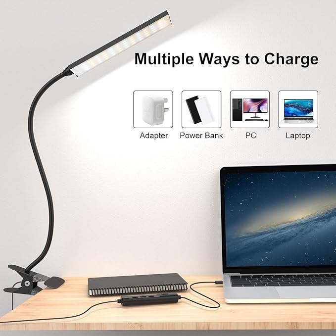 Vansuny Clip on Light LED Desk Lamp with Eye-Caring LED Light and Metal Clip, 11 Level Brightness 3 Color Modes, Power by USB Port 5W Flexible Gooseneck Reading Lamp for Home and Office (5W, Black)