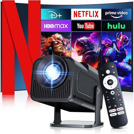 [ 2025 Netflix Licensed ] 4K Projector with Wifi Bluetooth, Android 13 Smart Projector w Built-in Netflix/YouTube/PrimeVideo/D+, Auto Keystone, 1080P Native Mini Portable Projector for Outdoor Movies