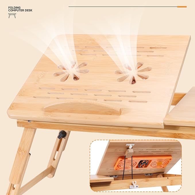 Adjustable Bamboo Laptop Desk with Cooling Fan, Foldable Bed Tray for Breakfast, Writing, and Drawing, with Tilting Top and Drawer, Portable Lap Desk for Bed, Sofa, and Floor.