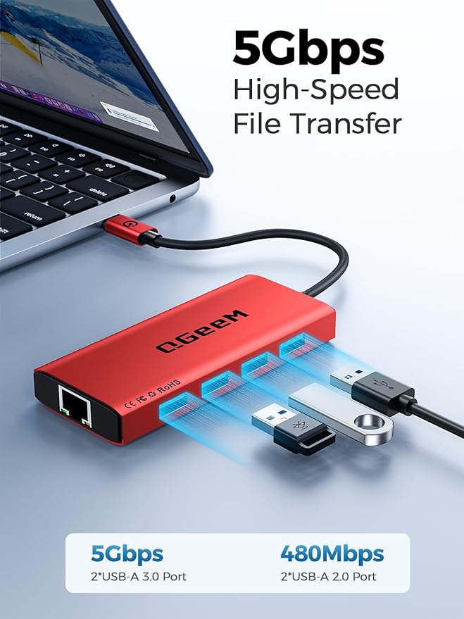 QGeeM USB C Hub Ethernet,9 in 1 USB Type C Hub HDMI Multi-Port Converter Adapter,100W Pd, USB 3.0,SD/TF Card Reader,Compatible for MacBook Pro Air Ipad HP Dell Lenovo Chromebook etc.-Red