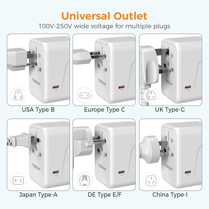 TESSAN Universal Travel Adapter, 45W International Plug Adaptor with 2 USB C 3 USB A Ports, Travel Worldwide Power Outlet for US to European EU UK AUS Ireland(Type C/G/A/I)