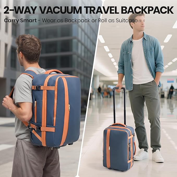 Fanwoli Vacuum Rolling Travel Backpack, Carry On Luggage with TSA Lock & Anti Theft Zipper, 70L Expandable Airback with Compression Pump, Waterproof Laptop Bag Ideal for Flight & Business,Blue