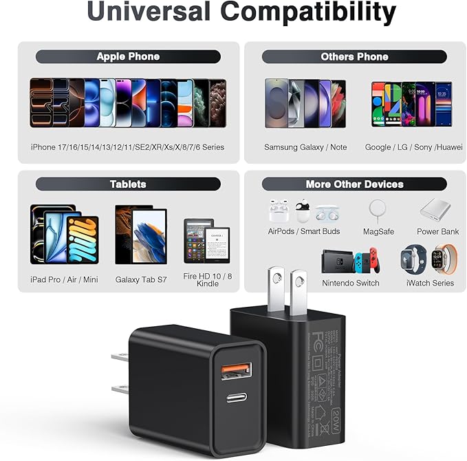 20W USB C Wall Charger for iPhone 17/16/15/14/13/13 Mini/13 Pro Max/12/12 Pro/12 Pro Max Cube, 2 Pack Dual Port Fast Charging Brick Block Plug Box Base Adapter for iPad, iPod, Watch Series 8 7, Black