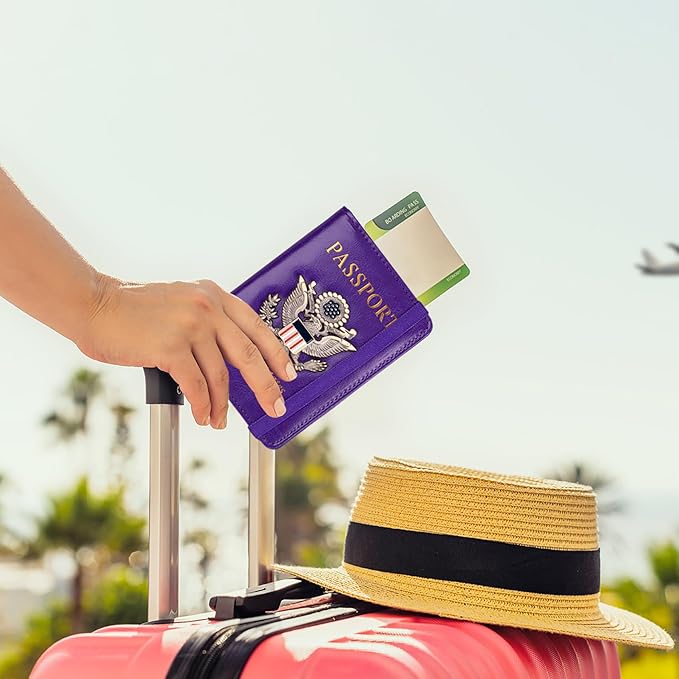 TOURSUIT RFID Blocking Passport Holder for Women Men, Leather Passport Travel Wallet with Metal 3D Metal Badge, Travel Document Holder Cover Accessories (Purple)