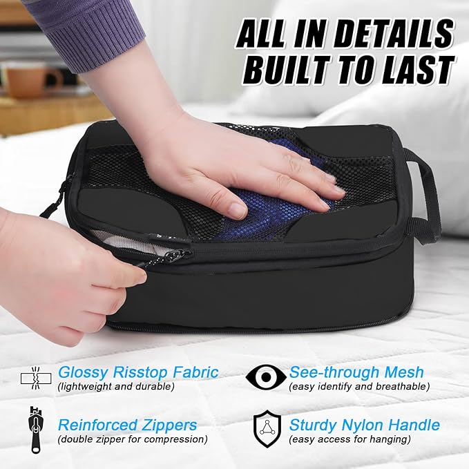 6 Set Compression Packing Cubes Bags for Travel Women, Compression Bags Organizer for Packing Luggage Space Saving, Suitcase Organizer Bags Set for Travel Essentials - Black