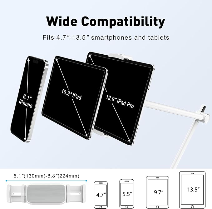 AboveTEK Tablet Stand Holder for Desk & Bed, Aluminum iPad Holder Arm with 360° Rotating Clamp, Adjustable Phone Stand Compatible with 4.7"-13.5" iPad Pro/Air/Mini, iPhone, Galaxy Tab- White