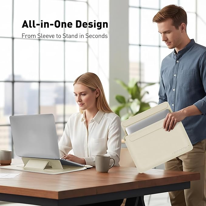 AboveTEK Laptop Sleeve Case for 13-14 inch MacBook Air/Pro, Slim Laptop Case with Stand, Ergonomic Wrist Rest & Mouse Pad, Waterproof Anti-Scratch Leather Bag for 13-14 Surface HP (Beige)