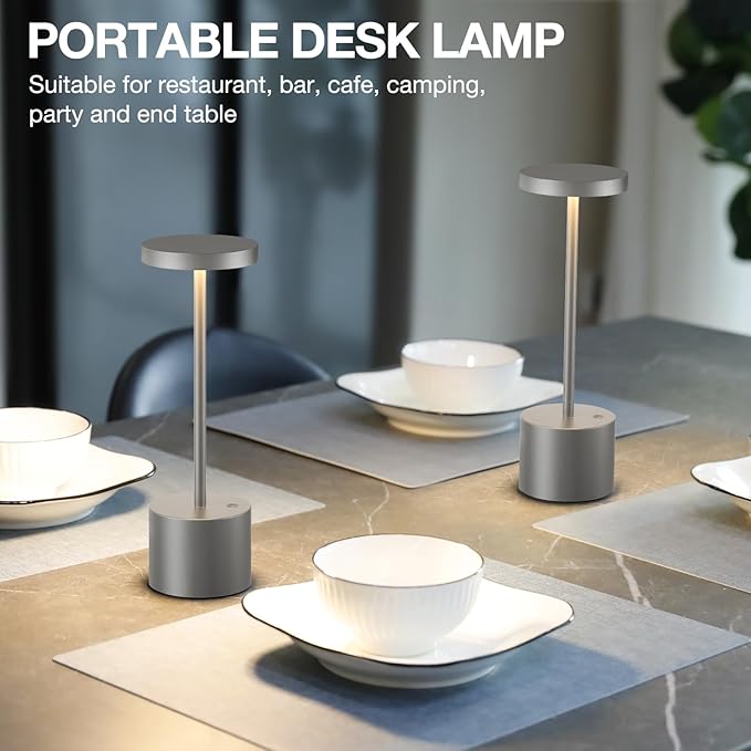 Kakanuo Grey Rechargeable Cordless Lamp - Touch Control, 3 Color Temperature, Wireless Battery Operated Lamps, Stepless Dimmable, Set of 2