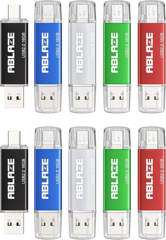 ABLAZE 16GB Type C Flash Drive 10 Pack, Dual USB 2.0+USB C Memory Stick Thumb Drive Compatible with iPhone 16/15, Android Smartphone, Computers, Tablets, Mac,iPad,PC