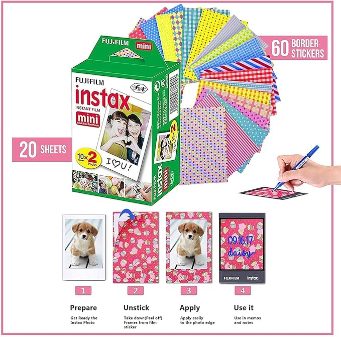 Fujifilm Instax Mini 12 Camera Bundle - Pink, 20 Film Sheets, Carrying Case, Photo Album, Frames, Filters