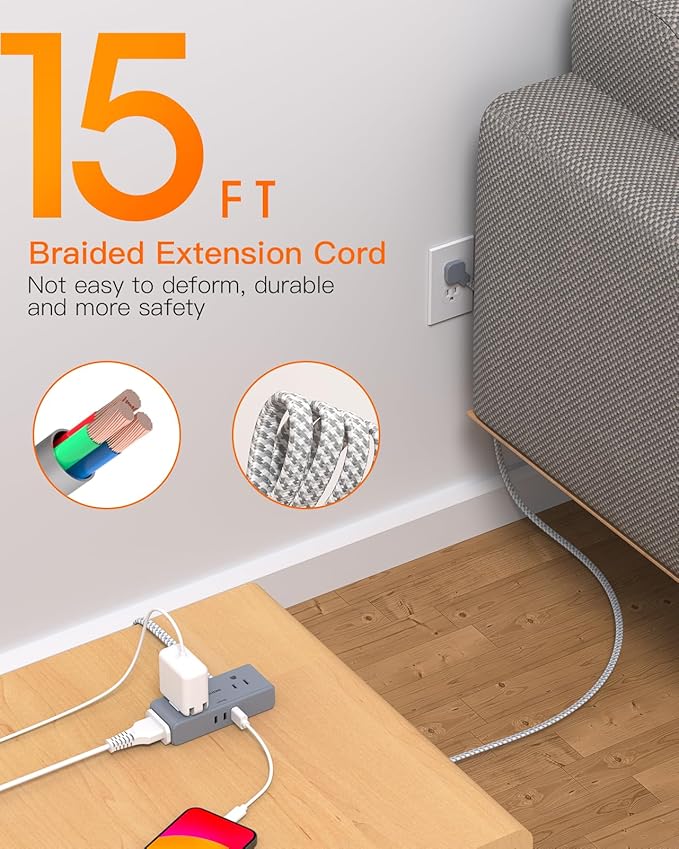 Extension Cord 15 ft, BESHON Flat Plug Power Strip, Long Power Strip, 4 Widely Outlets with 3 USB Ports (2 USB C), Extension Cord with Multiple Outlets for Home, Office, Dorm Room Essentials Gray