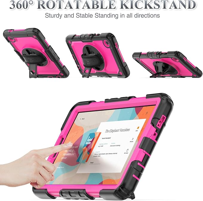 SEYMAC stock Case for Samsung Galaxy Tab A9 8.7'', Full-Body Drop Protection Case with Screen Protector Pencil Holder [360° Rotating Hand Strap] &Stand, Pink+Black