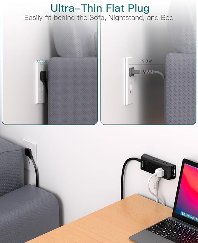 Cruise Essentials, Addtam 6 ft Ultra Flat Extension Cord with 6 Outlets Extender, Flat Plug Power Strip, No Surge Protector for Cruise Ship, Travel, Dorm, Home Office, Black