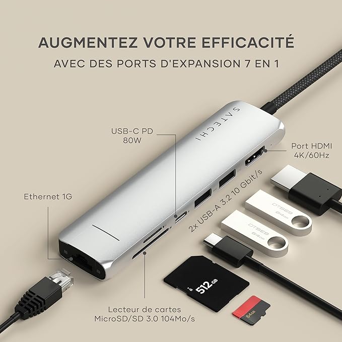 Satechi 7 in 1 USB C Hub Multiport Adapter with Ethernet, HDMI 4K@60Hz, 100W PD Charging, 2X USB-A Data Ports, Micro/SD Card Readers for MacBook Air/Pro M4, iPad, Windows - Silver