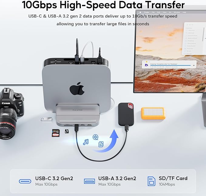 Mac mini Hub M1 M2 with M.2 SSD Enclosure (NOT for M4 2024), 8-in-1 Vertical Mac mini Dock Stand with USB A/C 3.2 10Gbps, 2 x USB A 2.0, SD/TF Slots, 3.5mm Audio Mic Jack