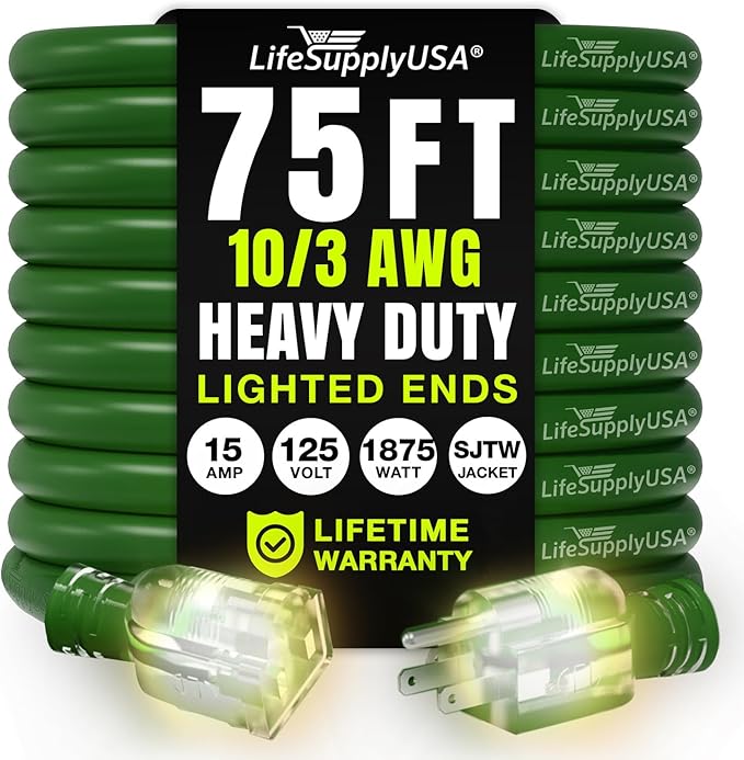 75ft Outdoor/Indoor Extension Cord 10/3 Gauge Ultra Heavy Duty 3 Prong SJTW, Waterproof, Flexible Cold-Resistant Long Power Cord,15A 125V 1875W, Green by LifeSupplyUSA