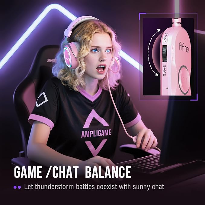 FIFINE Wired RGB Gaming Headset, PC Over-Ear Streaming Headset with USB, 7.1 Surround Sound, Noise-Cancelling Mic, Soft Ear Pads, 4 EQ Modes for PC, Laptop, Mac, PS4, PS5 - AmpliGame H13P (Pink)