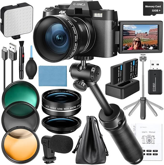 4K Digital Cameras for Photography, 48MP Vlogging Camera for YouTube with Microphone & Tripod Grip, Video Camera with Wide-Angle&Macro Lens, Content Creator Kit & Travel Camera（Black）