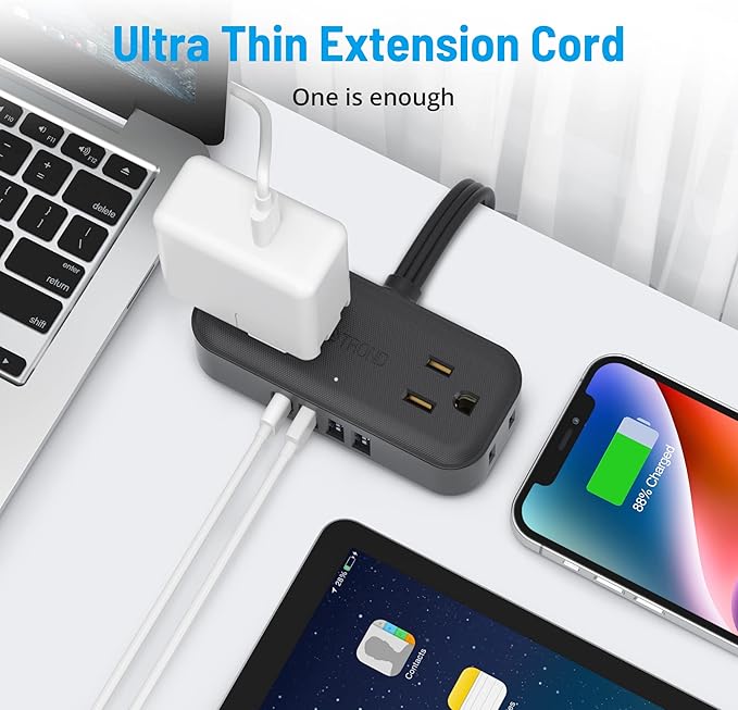 TROND Travel Power Strip with USB Ports, 5ft Flat Plug Extension Cord with Multiple Outlets, Small Wall Mount Extender Adapter for Office Dorm Room Essentials, Black