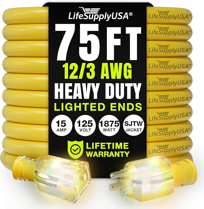 75ft Outdoor/Indoor Extension Cord 12/3 Gauge Extra Heavy Duty 3 Prong SJTW, Waterproof, Flexible Cold-Resistant Long Power Cord,15A 125V 1875W, Yellow by LifeSupplyUSA
