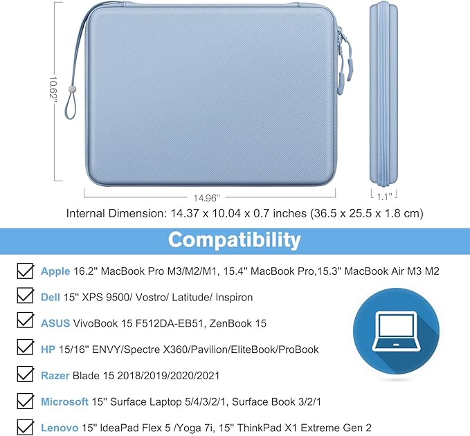 FINPAC Hard Laptop Sleeve Case for 15.3 inch MacBook Air M4 M3 M2 2025 2024, 16.2 inch MacBook Pro M4/M3/M2/M1 Pro/Max A2991 A2780 A2485 A2141, Waterproof Case for Surface Laptop/Book, Ice Blue