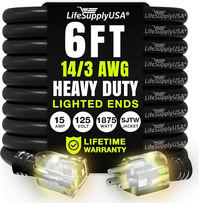 6ft Outdoor/Indoor Extension Cord 14/3 Gauge Heavy Duty 3 Prong SJTW, Waterproof, Flexible Cold-Resistant Long Power Cord,15A 125V 1875W, Black by LifeSupplyUSA