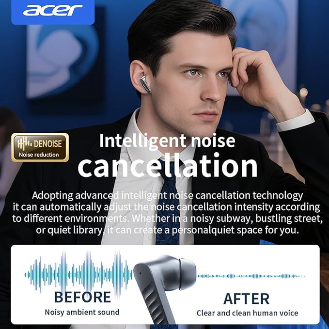 acer Wireless Earbuds Bluetooth Headphones, Hi-Fi Stereo Sound, Long Battery Life, Noise Cancelling with Charging Case for Sports & Working, Stereo Sound Headphones for iPhone/Android/iPad