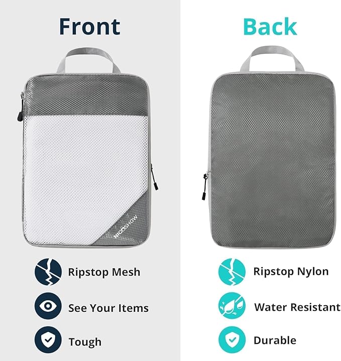 3 Set Compression Packing Cubes for Travel - Compressible, Lightweight, and Space-Saving Packing Cubes, Travel Essentials for Women, Grey