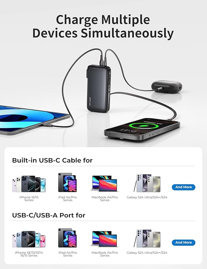 22.5W Portable Charger with Built-in USB-C Cable & Wall Plug, 10,000mAh Fast Charging USB C Power Bank, Travel Essential Battery Pack for iPhone 16/15 Series, Samsung Galaxy, iPad More Devices