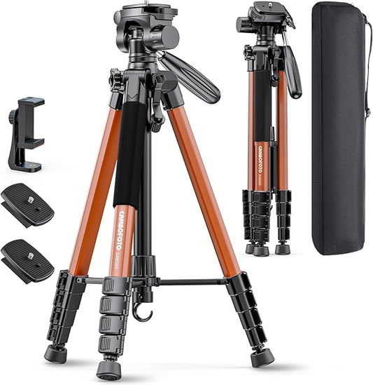 CAMBOFOTO 74"-Camera-Tripod, Professional Aluminum Heavy Duty Tripod Stand for Mirrorless Camera/DSLR/Cell Phone/Camcorder, with Holder and Travel Bag (Orange)