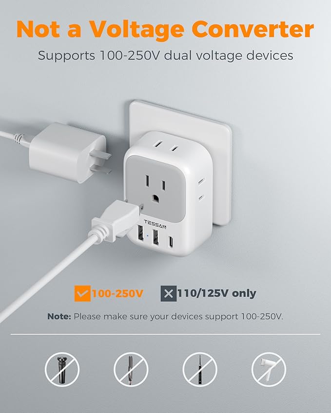 TESSAN Israel Adapter Plug 2 Pack, 7 in 1 US to Israel Power Adapter with 3 USB Ports (1 USB C Port) 4 American Outlets, Type H Travel Adaptor for USA to Jerusalem