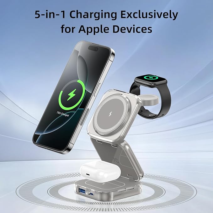 5-in-1 Wireless Charger for MagSafe, AC ISLAND Portable Travel Charging Station, 15W Max Fast Foldable Magnetic Stand, Evolved for iPhone 17/16/15/14/13 Series, Apple Watch, AirPods (with 35W Adapter)