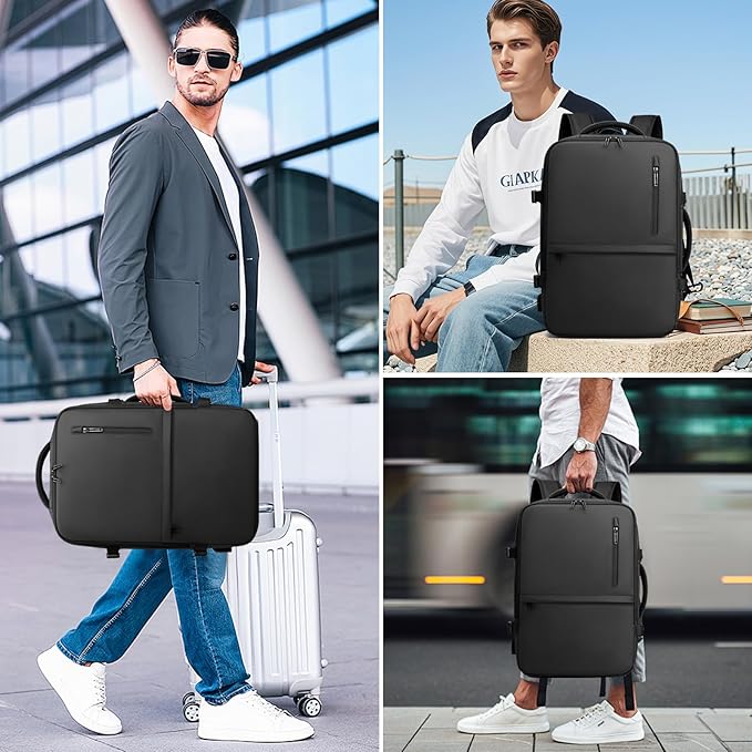 Travel Backpack for Men Women, Expandable Backpacks with Charging Port for Business Work Commute Casual, Black