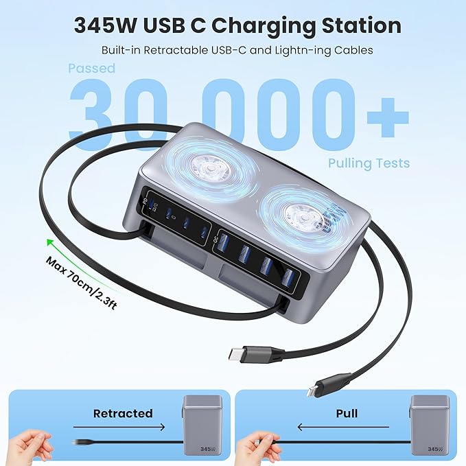 345W USB C Charger Block with 2 Built-in Retractable Cables,10-in-1 GaN IV USB C Charging Station,PD 65W Laptop Charger Power Adapter for MacBook Pro/Air,DELL,iPhone17/16/15/14,Galaxy S24,Android etc