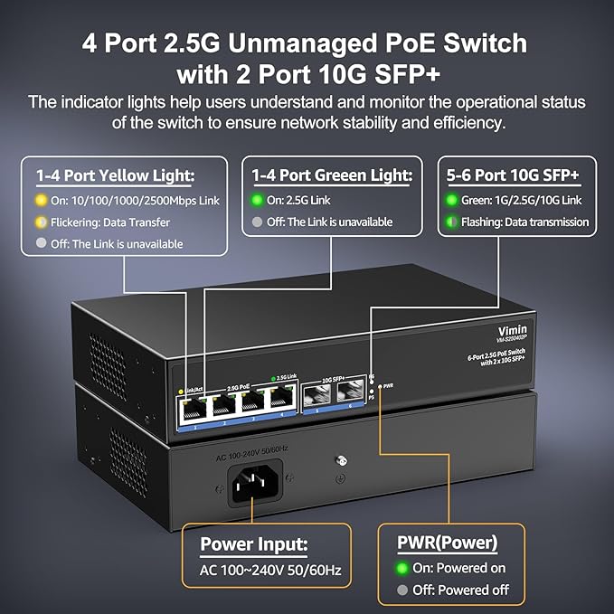 6-Port 2.5G PoE Switch Unmanaged, 4X 2.5GBase-T PoE Ports, 2X 10Gbps SFP, 4 Port PoE Switch 60Gbps Switching Capacity, Support IEEE802.3af/at, Metal Housing, Fanless, Desktop/Wall Mount 2.5Gbe Switch