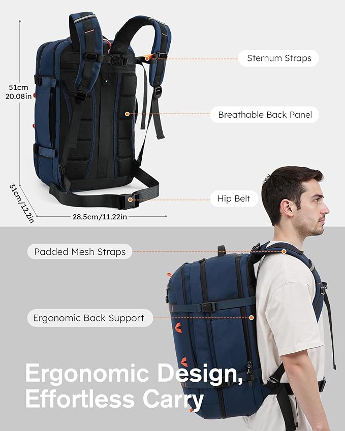 Tolaccea Travel Laptop Backpack, TSA Flight Approved Carry On Travel Duffel Backpack, Dual Laptop Storage for 17.3" and 15.6" Laptop, Large Luggage Backpack 40-45L Expandable for Men Women (Navy Blue)