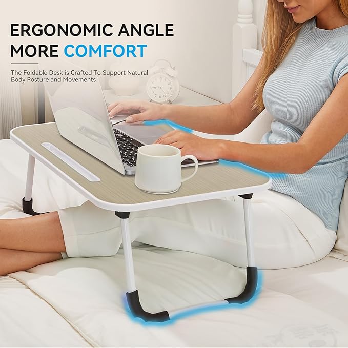 BUYIFY Folding Lap Desk, 23 Inch Portable Wood Brown Laptop Bed Desk Lap Desk with Cup Holder, for Working Reading Writing, Eating, Watching Movies for Bed Sofa Couch Floor