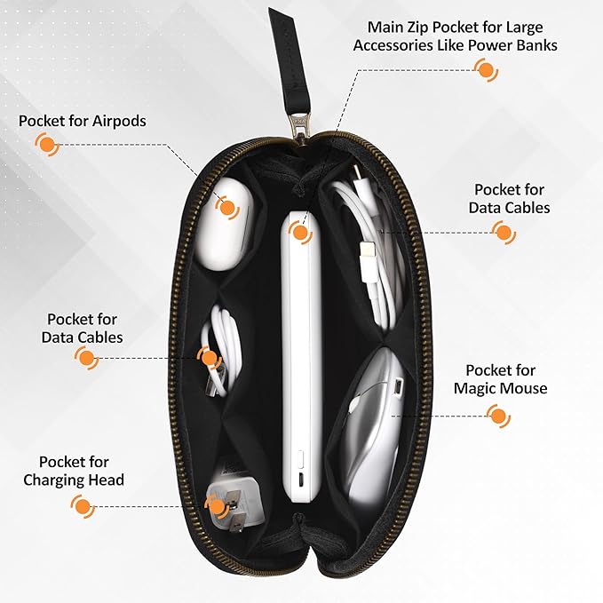 Leather Tech Pouch for Cables Chargers Phone | Tech Bag | Zipper Travel Accessory Pouch | Electronic Organizer Case Travel Bag (Black)