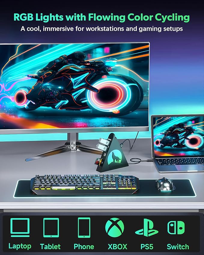 Vertical USB C Adapter Hub, 8-in-1 USBC HDMI Hub with 4K, 100W PD Pass-Through Charging, 5Gbps 3xUSB-A, USB-C 3.0, SD/TF Card Reader, RGB Wolf USB Hub Tower for MacBook, iPad, iPhone16, etc.