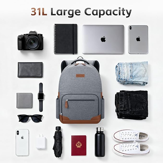 RealCool Laptop Backpack, 31L Travel Backpacks for Women Men, Fits up to 15.6-17 Inch,Water Resistant College Bookbag, for School Business Trip (Gray)