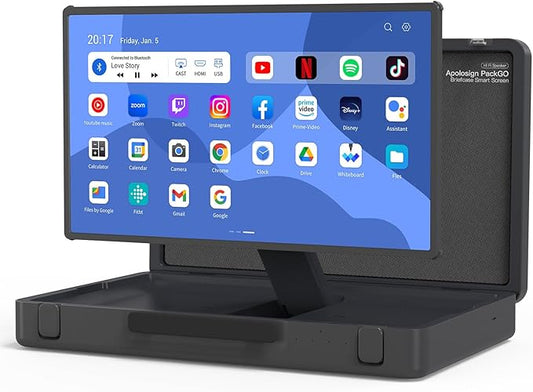 apolosign packgo 27-Inch Portable Entertainment System, Compact Suitcase Design Smart TV, Android OS, Bluetooth 3D Speakers, Built-in Battery 6H, Briefcase Screen Perfect for Travel & Parties (Gray)