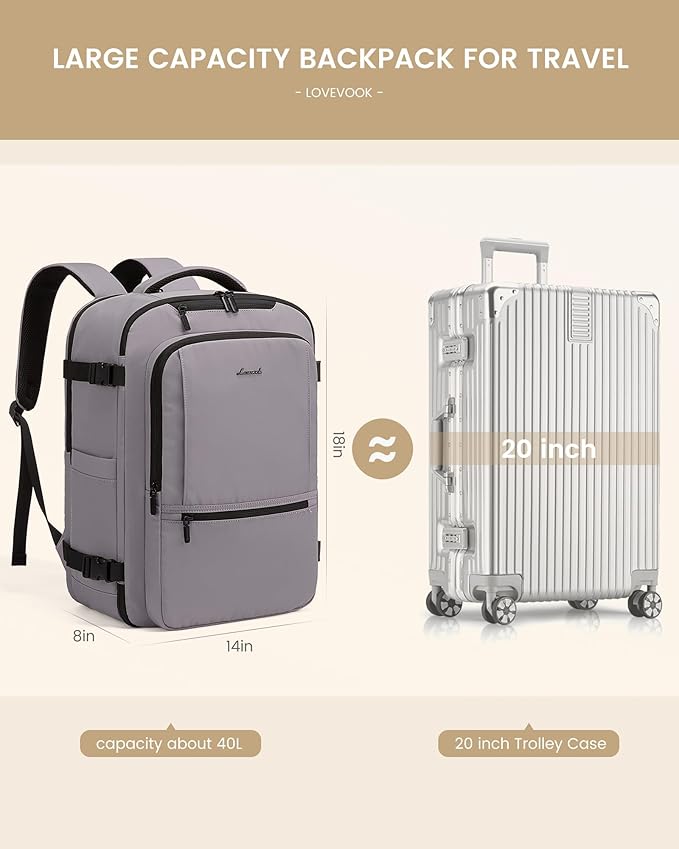 LOVEVOOK Travel Backpack for Women & Men, 40L Large Carry On Backpack Airline Approved, TSA Personal Item Weekender Bag, Water Resistant Laptop Backpack with 3 Packing Cubes for Travel Essentials